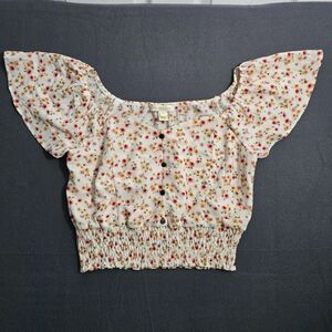 Monteau Women XL Crop Top Floral Smocked Waist Flutter Sleeve Boho Stretch